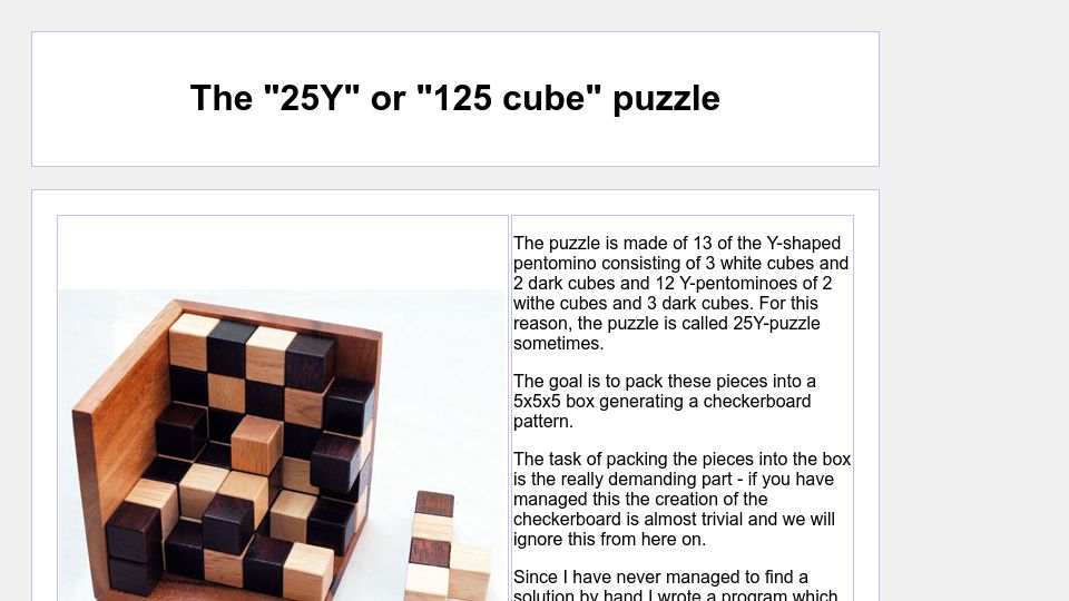 Screenshot of kociemba.org: Cube: Packing a 5x5x5 cube with Y-pentominoes