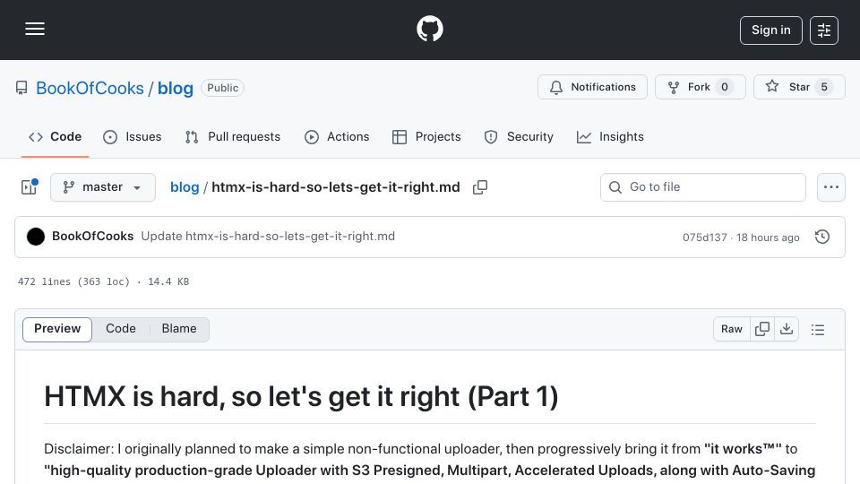 Screenshot of github.com: HTMX is hard, so let's get it right