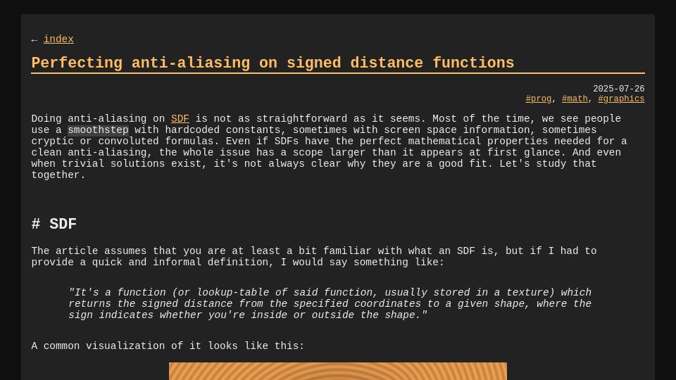 Screenshot of blog.pkh.me: Perfecting anti-aliasing on signed distance functions