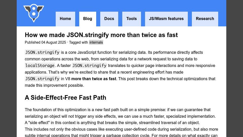 Screenshot of v8.dev: How we made JSON.stringify more than twice as fast