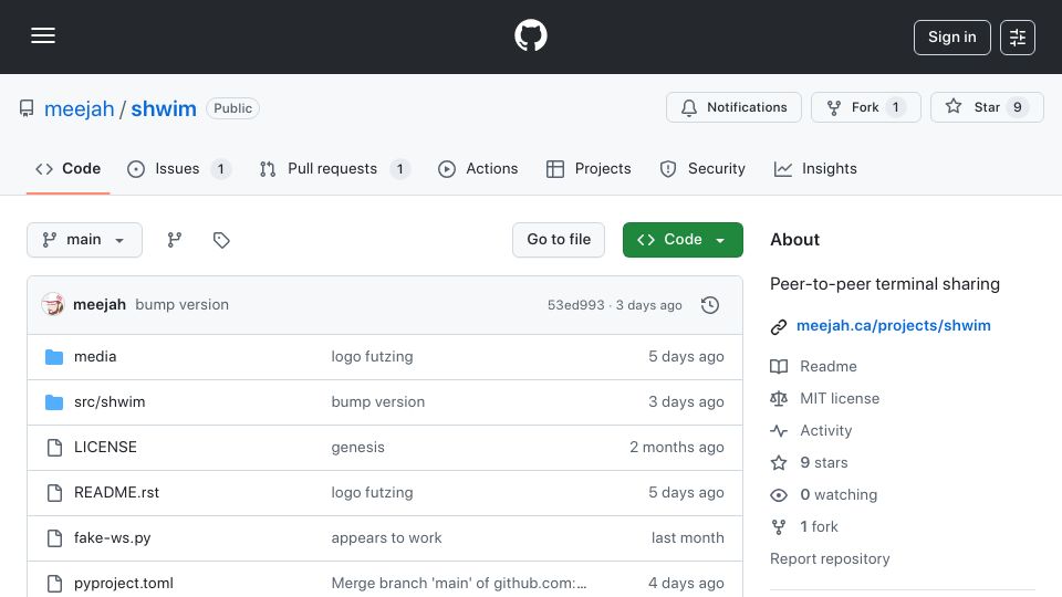 Screenshot of github.com: ShWiM: Peer-to-peer terminal sharing
