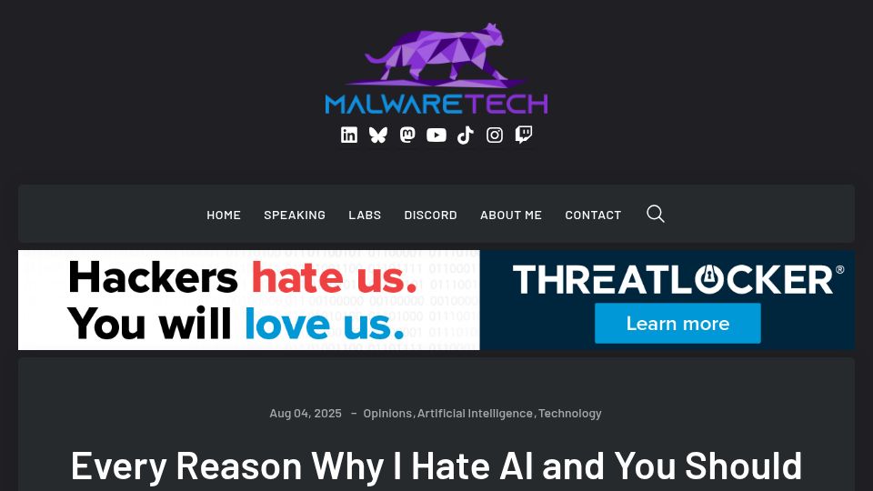 Screenshot of malwaretech.com: Every Reason Why I Hate AI and You Should Too