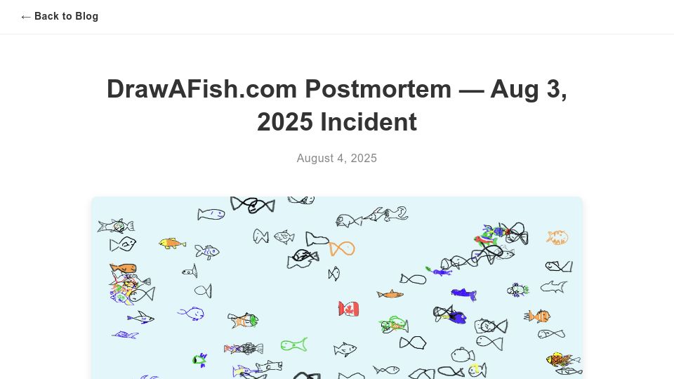 Screenshot of aldenhallak.com: DrawAFish.com Postmortem