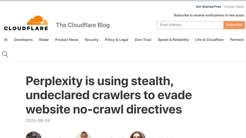 Screenshot of blog.cloudflare.com: Perplexity is using stealth, undeclared crawlers to evade no-crawl directives