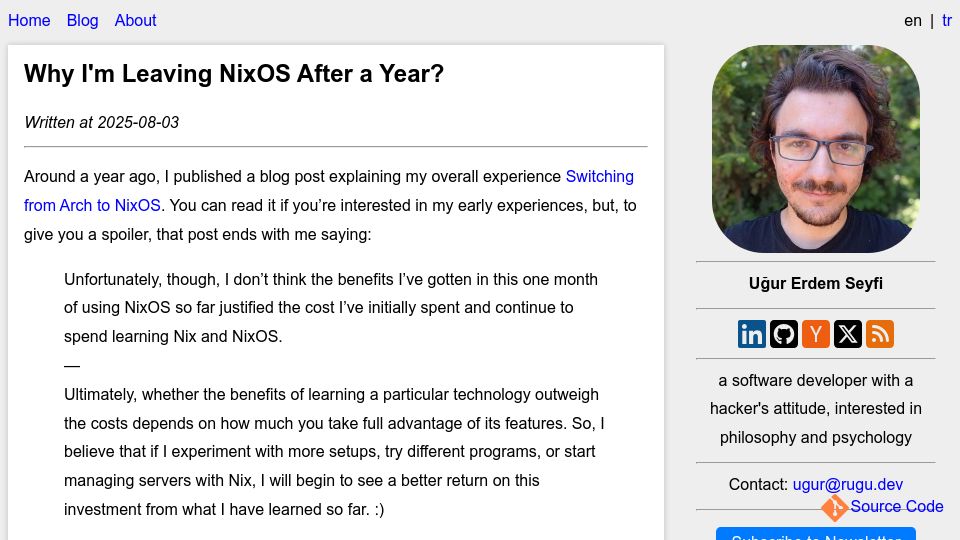 Screenshot of rugu.dev: Why I'm Leaving NixOS After a Year?