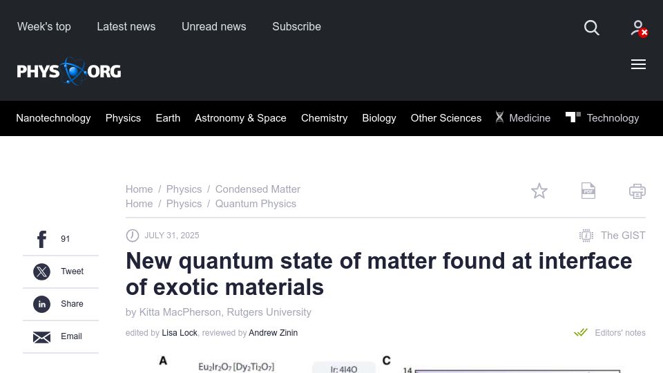 Screenshot of phys.org: New quantum state of matter found at interface of exotic materials
