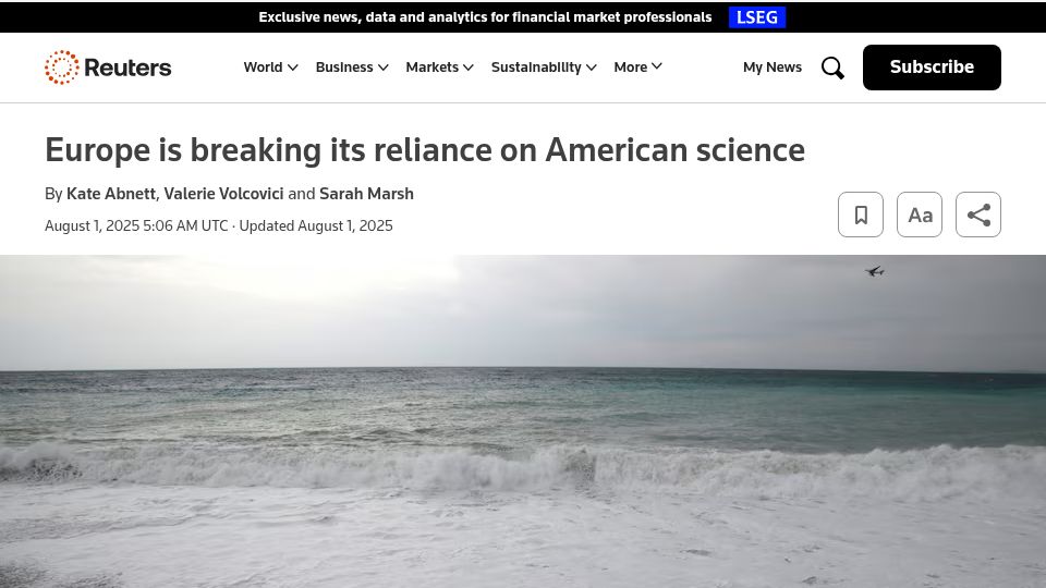 Screenshot of reuters.com: Europe is breaking its reliance on American science