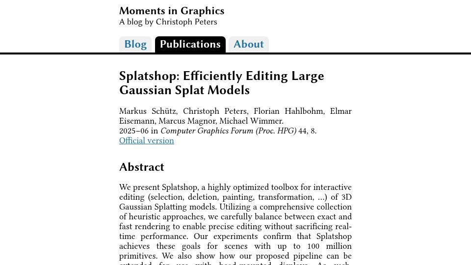 Screenshot of momentsingraphics.de: Splatshop: Efficiently Editing Large Gaussian Splat Models