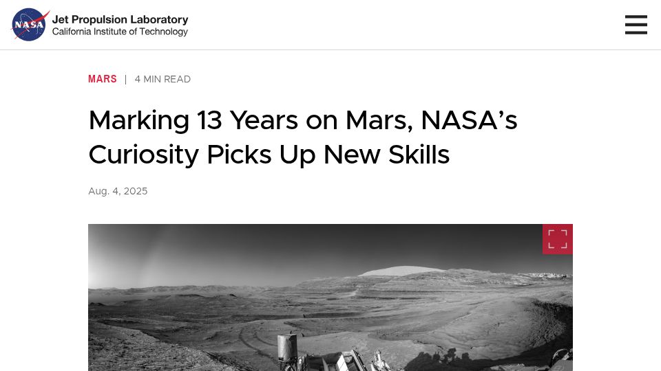 Screenshot of jpl.nasa.gov: NASA's Curiosity picks up new skills