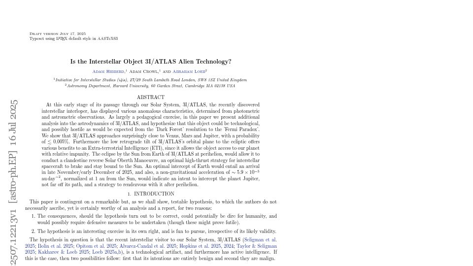 Screenshot of lweb.cfa.harvard.edu: Is the interstellar object 3I/ATLAS alien technology? [pdf]