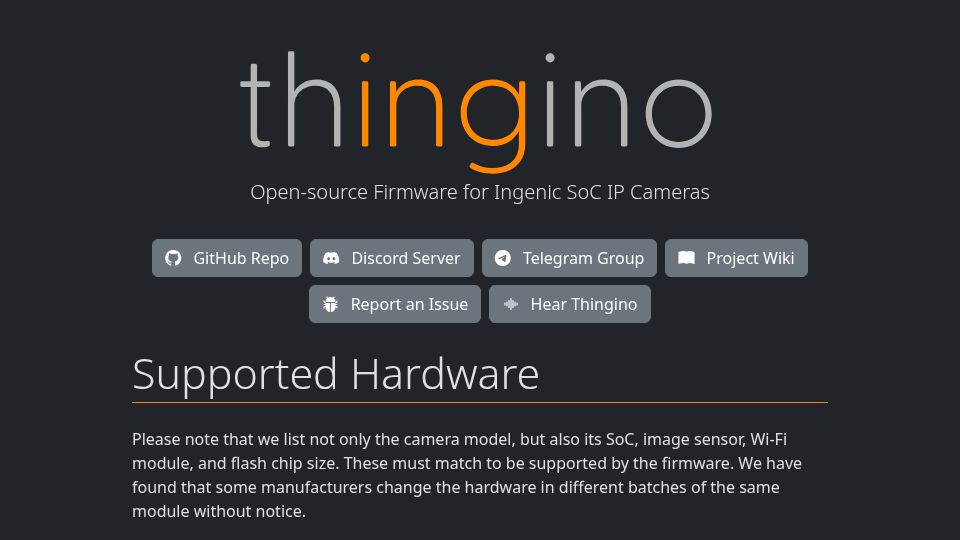 Screenshot of thingino.com: Thingino: Open-Source Firmware for IP Cameras