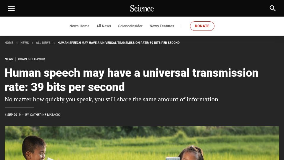 Screenshot of science.org: Human speech may have a universal transmission rate (2019)