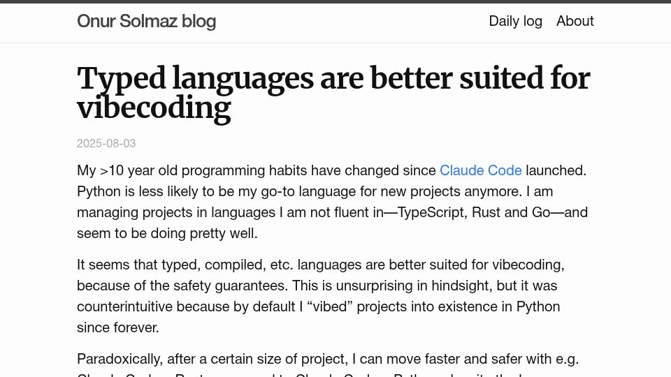 Screenshot of solmaz.io: Typed languages are better suited for vibecoding