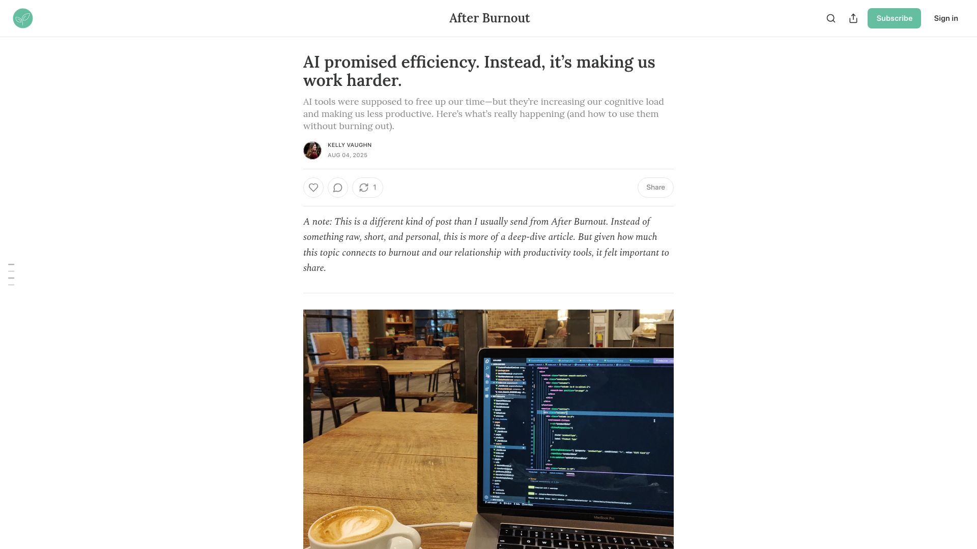 Screenshot of afterburnout.co: AI promised efficiency. Instead, it's making us work harder