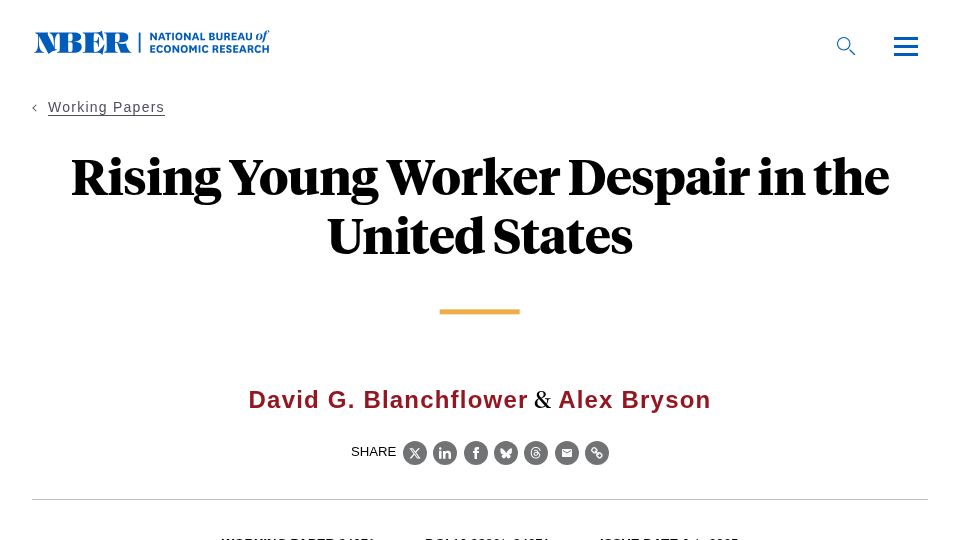 Screenshot of nber.org: Rising Young Worker Despair in the United States