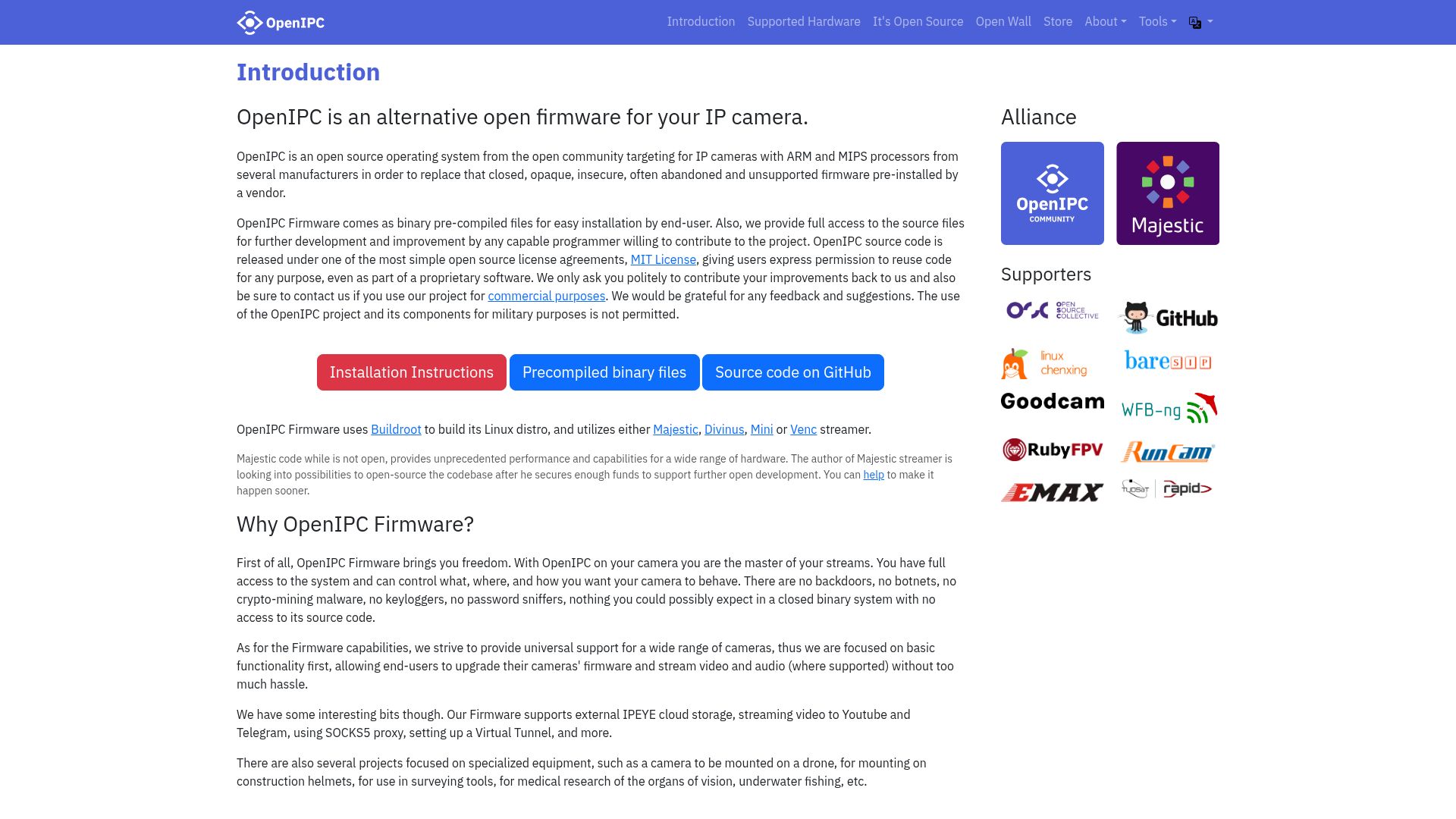 Screenshot of openipc.org: OpenIPC: Open IP Camera Firmware