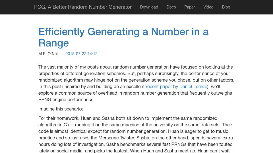 Screenshot of pcg-random.org: Efficiently Generating a Number in a Range (2018)