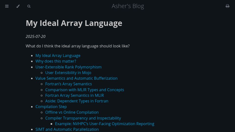Screenshot of ashermancinelli.com: My Ideal Array Language