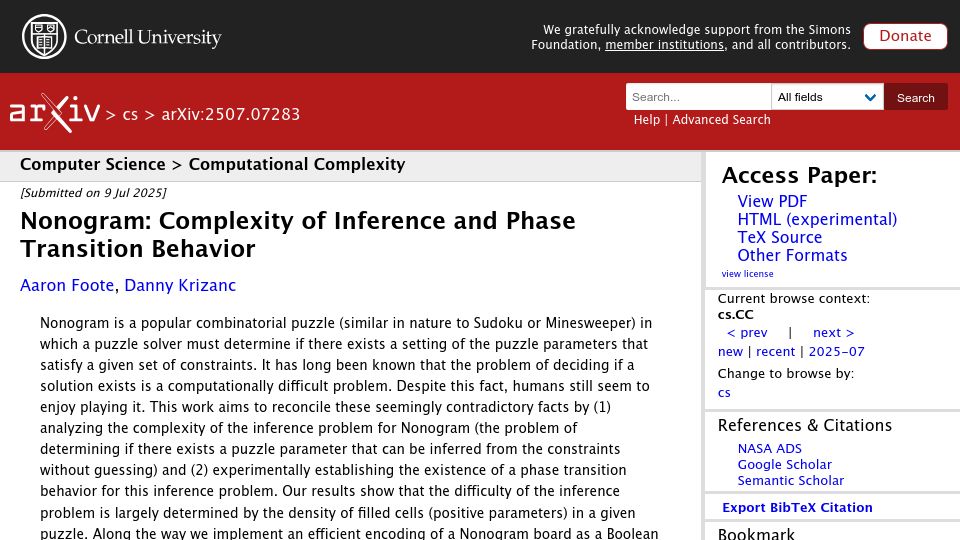 Screenshot of arxiv.org: Nonogram: Complexity of Inference and Phase Transition Behavior