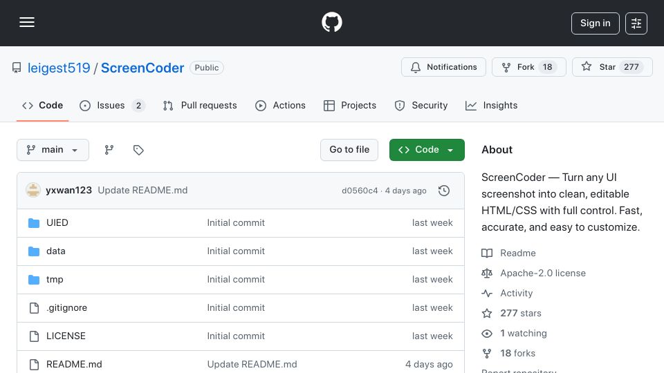 Screenshot of github.com: ScreenCoder: An intelligent UI-to-code generation system