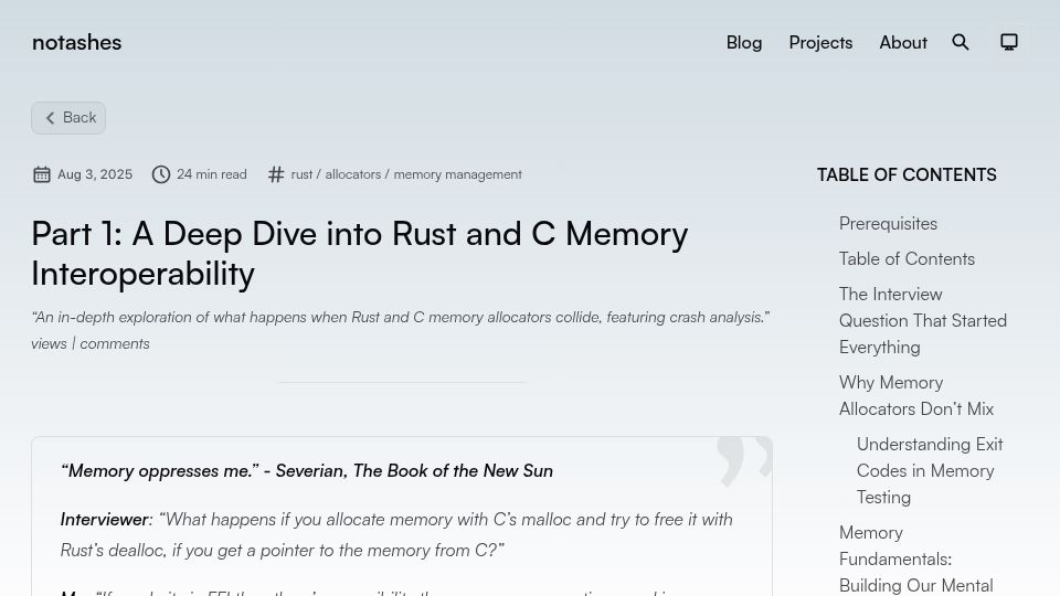 Screenshot of notashes.me: A deep dive into Rust and C memory interoperability