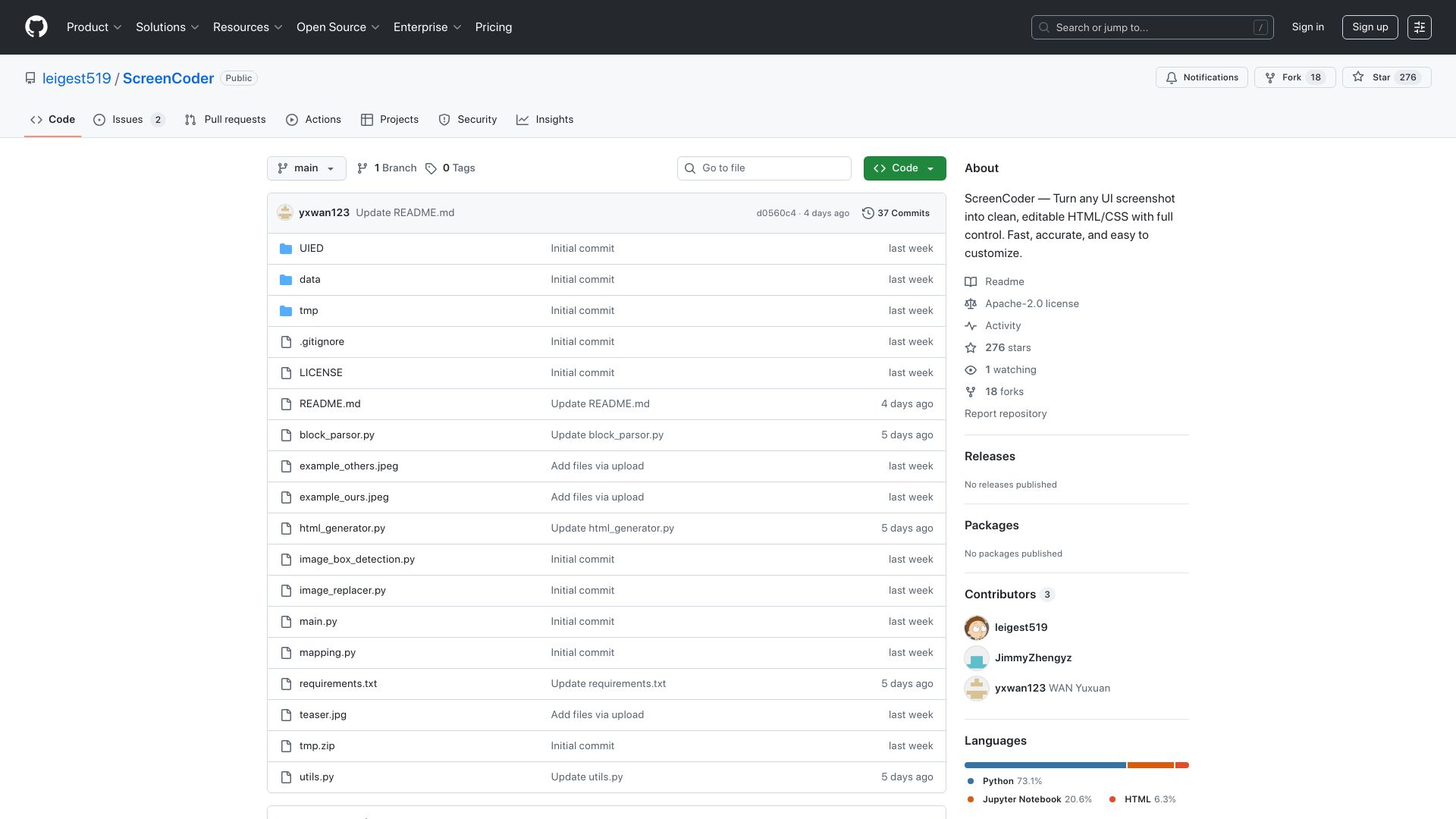 Screenshot of github.com: ScreenCoder: An intelligent UI-to-code generation system