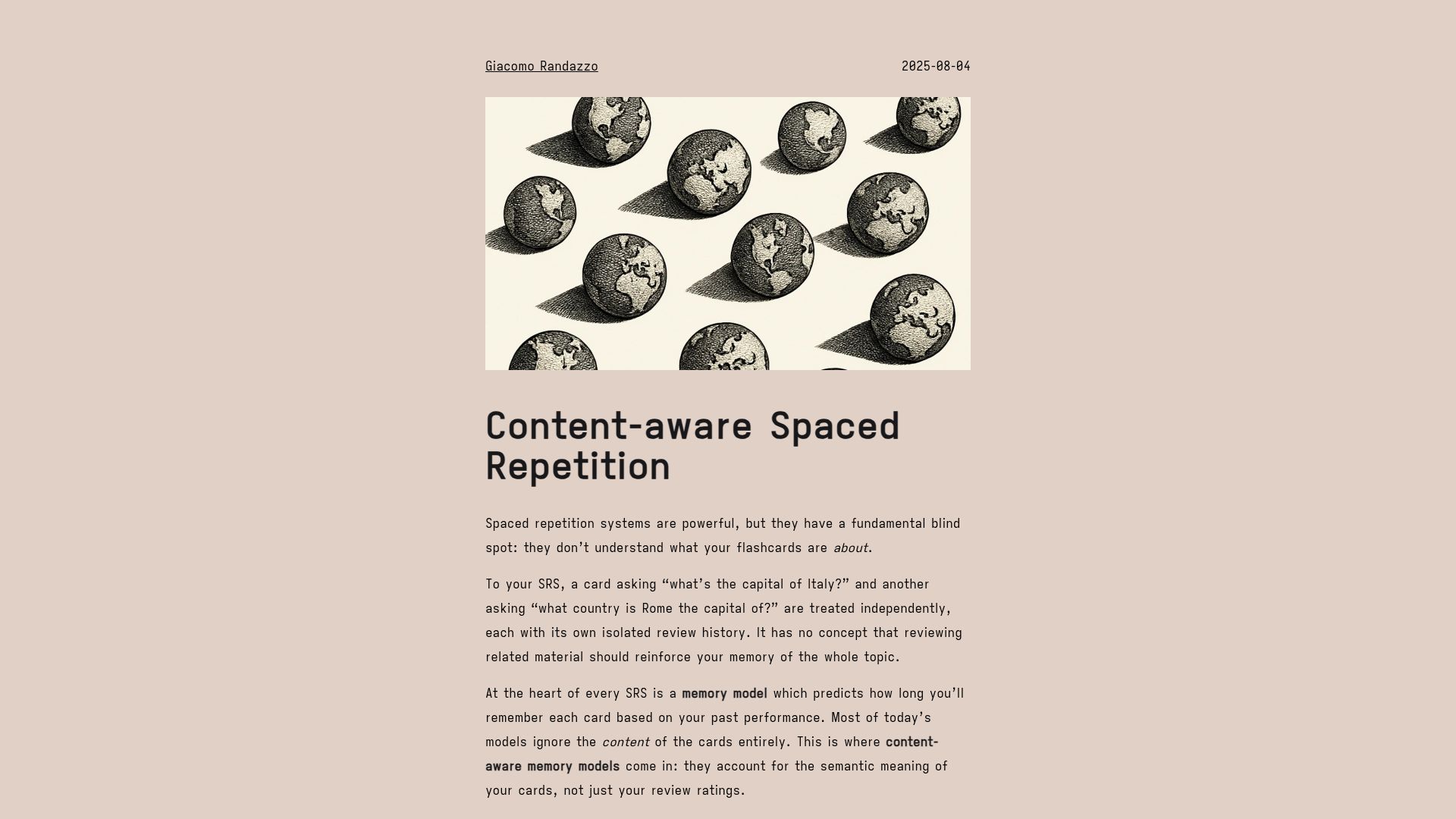 Screenshot of giacomoran.com: Content-Aware Spaced Repetition
