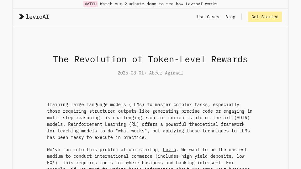 Screenshot of levroai.com: The Revolution of Token-Level Rewards