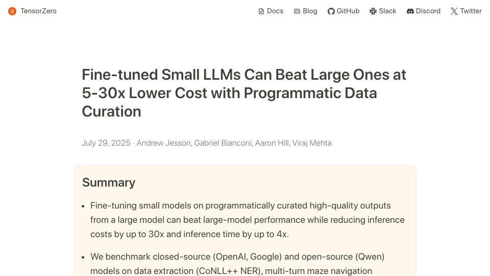 Screenshot of tensorzero.com: Fine-tuned small LLMs can beat large ones with programmatic data curation