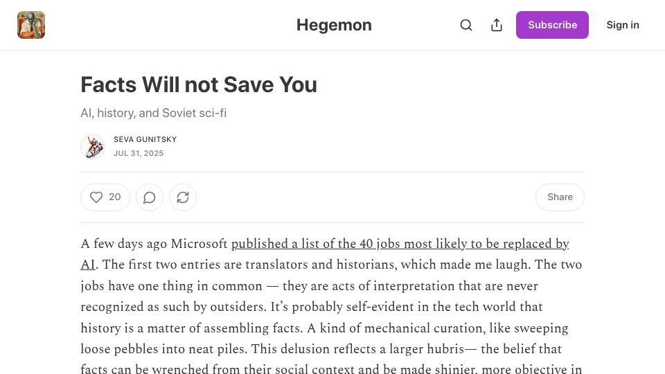 Screenshot of hegemon.substack.com: Facts will not save you – AI, history and Soviet sci-fi