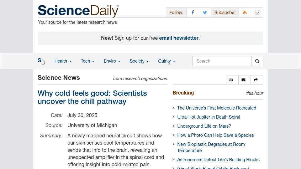 Screenshot of sciencedaily.com: A dedicated skin-to-brain circuit for cool sensation in mice