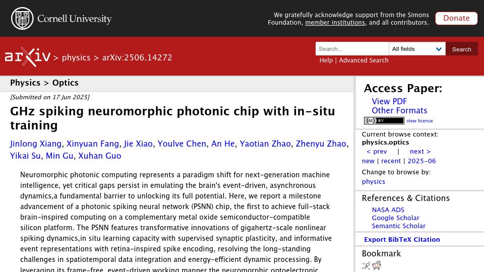 Screenshot of arxiv.org: GHz spiking neuromorphic photonic chip with in-situ training