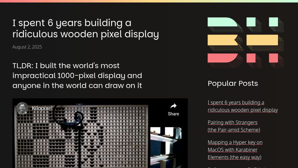 Screenshot of benholmen.com: Show HN: I spent 6 years building a ridiculous wooden pixel display