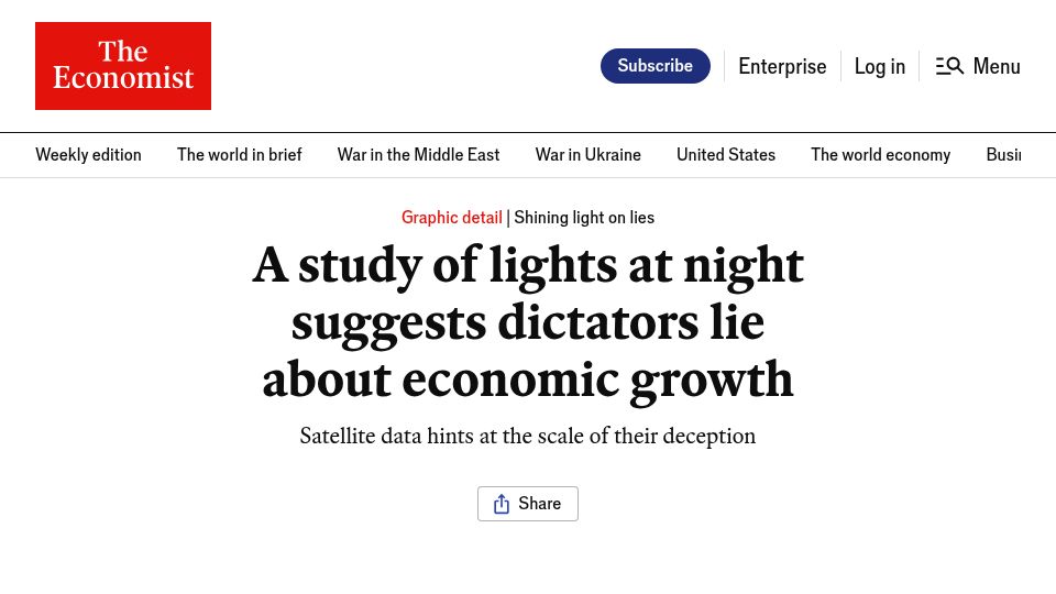 Screenshot of economist.com: A study of lights at night suggests dictators lie about economic growth (2022)