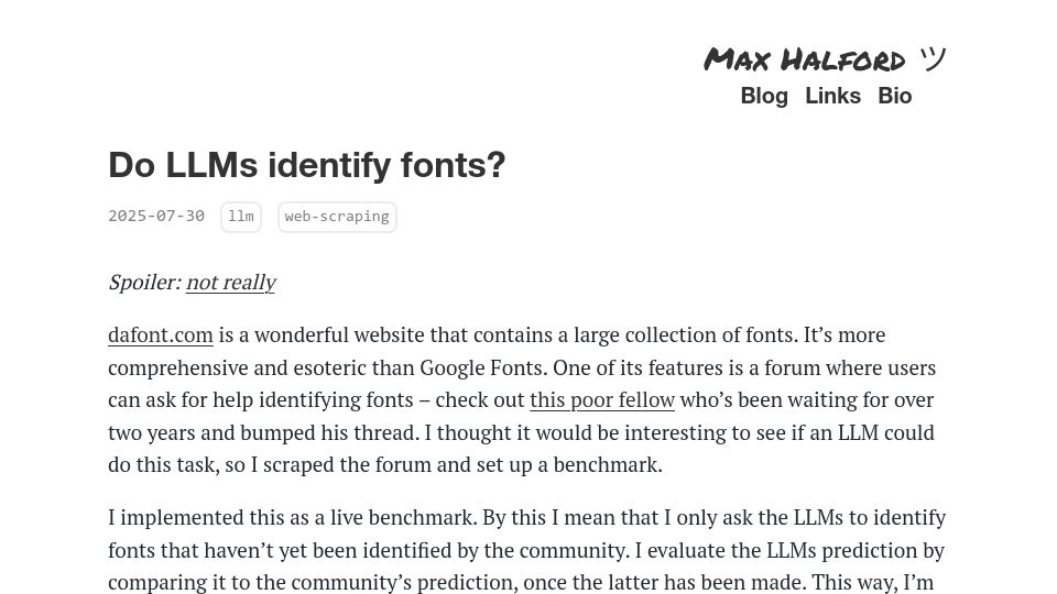 Screenshot of maxhalford.github.io: Do LLMs identify fonts?