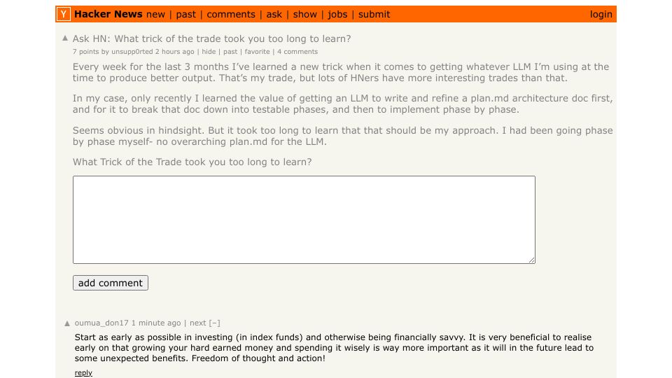 Screenshot of Hacker News post: Ask HN: What trick of the trade took you too long to learn?