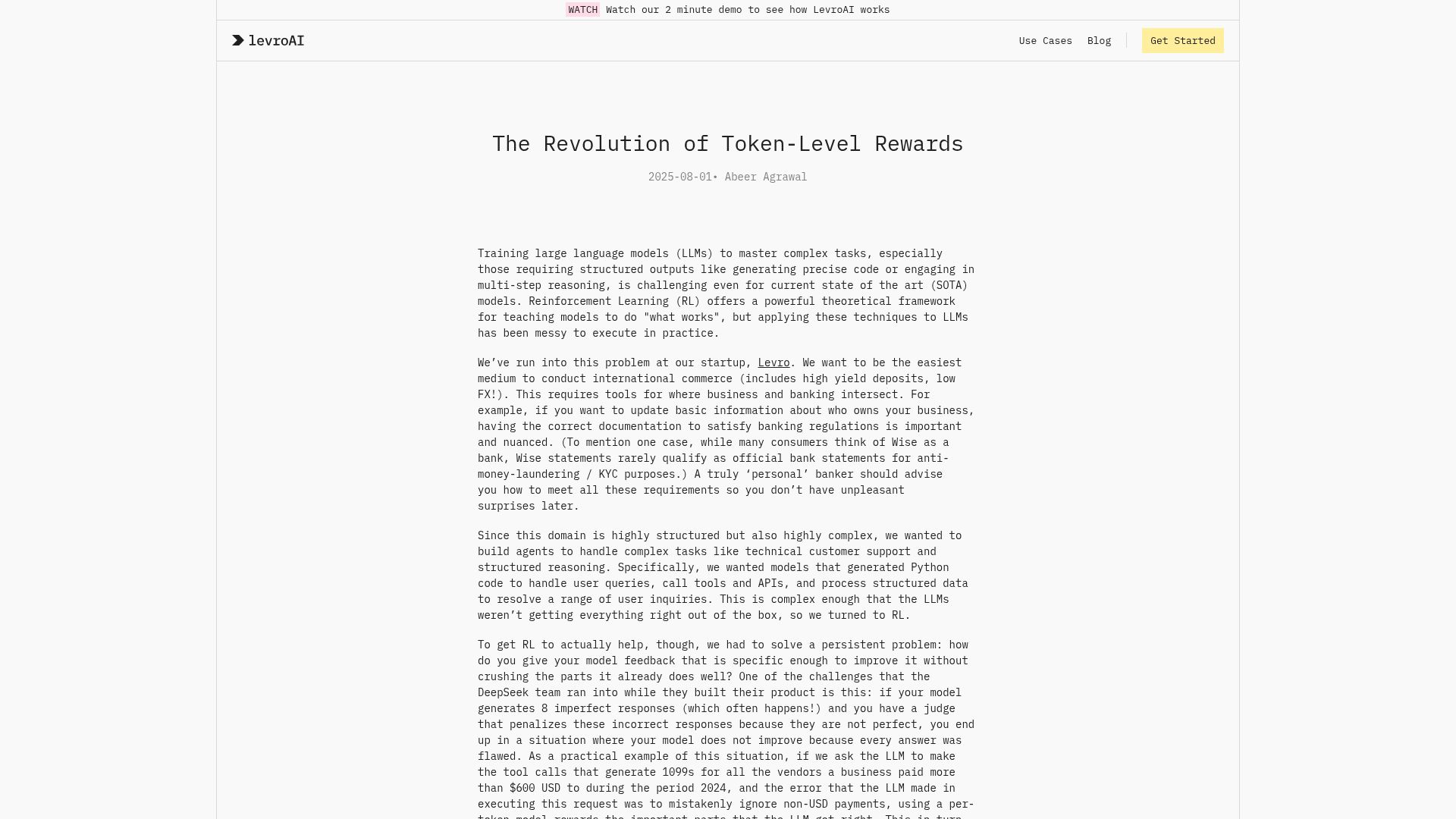 Screenshot of levroai.com: The Revolution of Token-Level Rewards