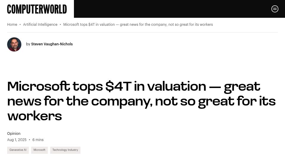 Screenshot of computerworld.com: Microsoft tops $4T in valuation: Great news for MSFT, not so great for workers