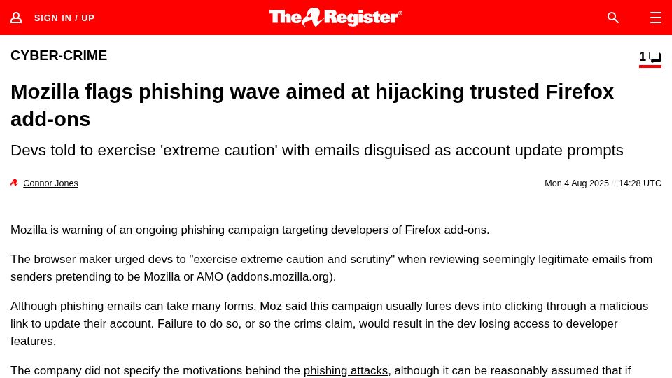 Screenshot of theregister.com: Mozilla Firefox's extension store being flooded with malware
