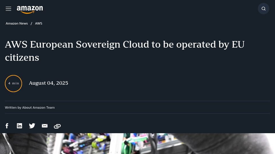 Screenshot of aboutamazon.eu: AWS European Sovereign Cloud to be operated by EU citizens