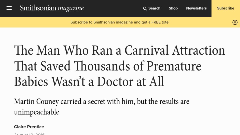 Screenshot of smithsonianmag.com: A Carnival Attraction That Saved Premature Babies (2016)