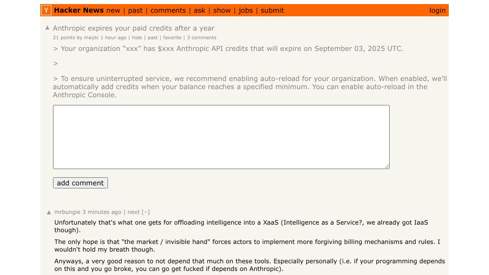 Screenshot of Hacker News post: Tell HN: Anthropic expires paid credits after a year