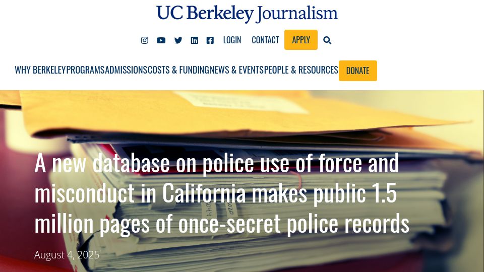 Screenshot of journalism.berkeley.edu: A new database on police use of force and misconduct in California