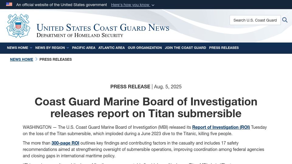 Screenshot of news.uscg.mil: US Coast Guard Report on Titan Submersible