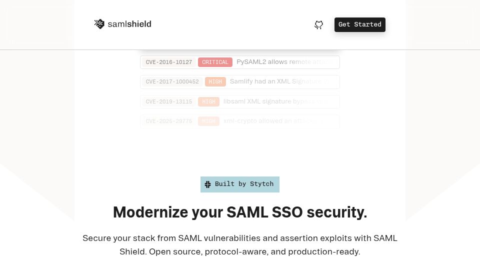Screenshot of samlshield.com: SAML Shield: Drop-in protection that works for any stack