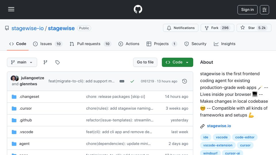 Screenshot of github.com: Show HN: Stagewise (YC S25) – Front end coding agent for existing codebases