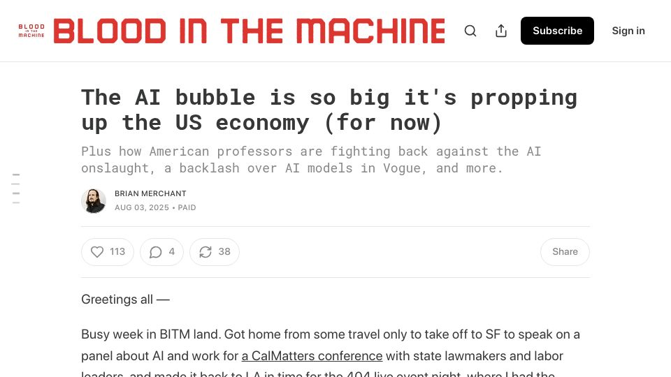 Screenshot of bloodinthemachine.com: AI is propping up the US economy