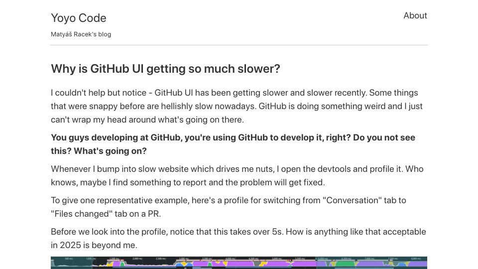 Screenshot of yoyo-code.com: Why is GitHub UI getting slower?