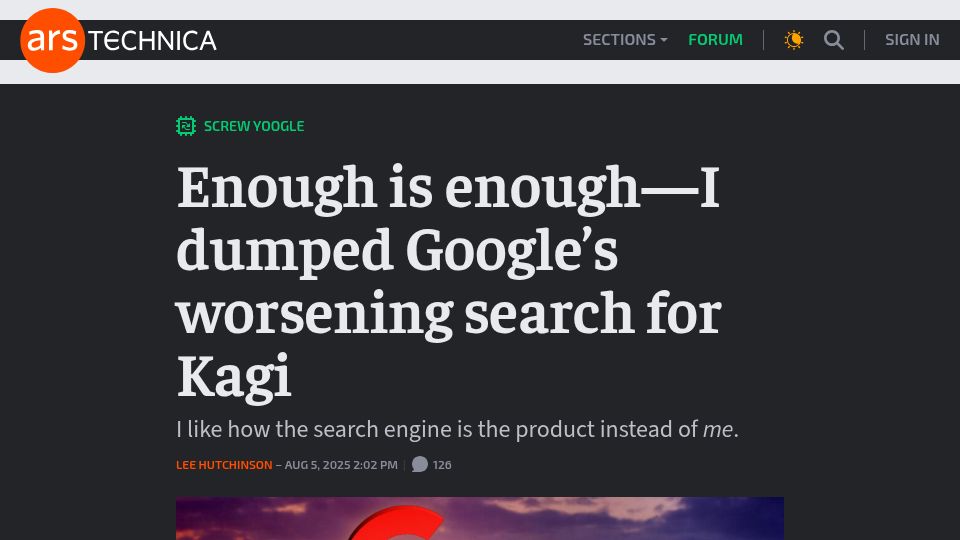 Screenshot of arstechnica.com: I dumped Google for Kagi