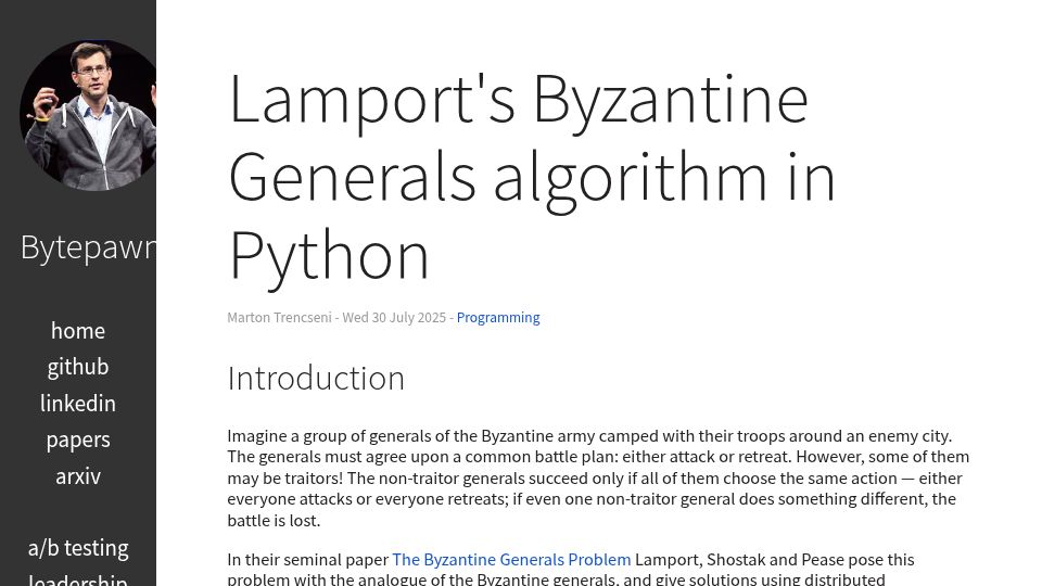 Screenshot of bytepawn.com: Lamport's Byzantine Generals Algorithm in Python